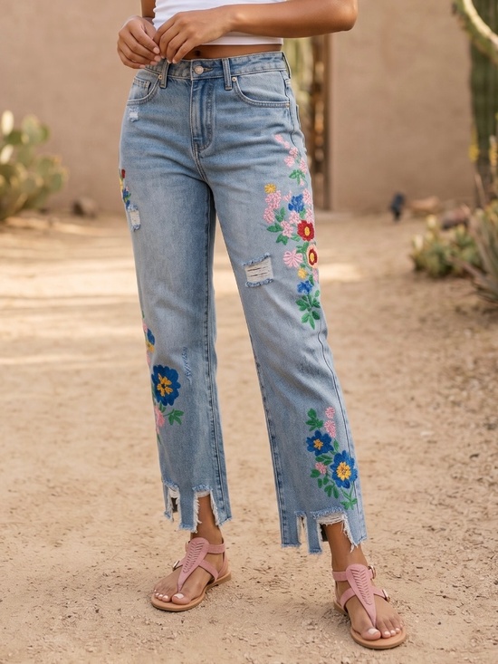POL Denim - POL Floral Embroidered Boyfriend Jeans | Distressed Y2K Straight Leg Light Wash
